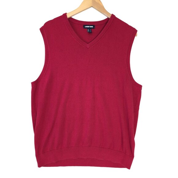 Lands End Sweater Vest Mens L Red Classic Dad Holiday Pullover V-Neck - Picture 1 of 5